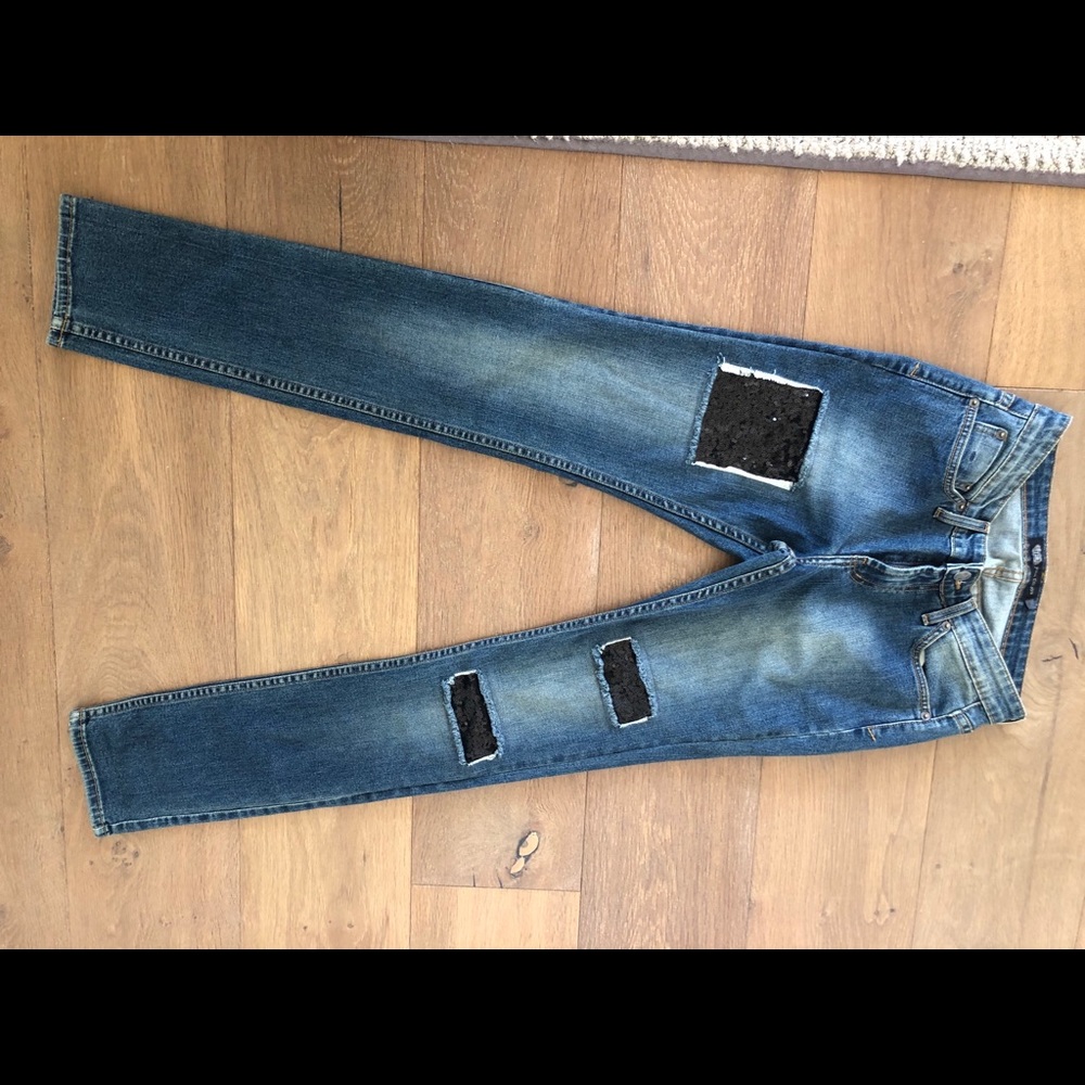 John Eshaya denim jeans sequins accent